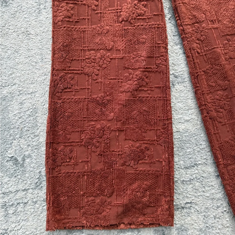 ZARA Women’s Rust Textured Jacquard Wide-Leg Pants Boho Floral Lounge Trousers M - Picture 5 of 12